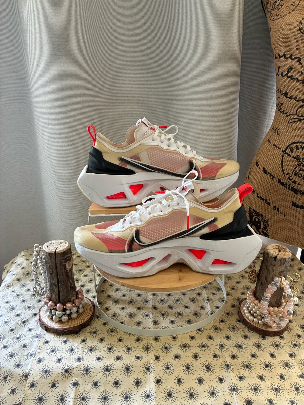 Nike Women's Beige Pink Mesh Platform Sneakers with Neon Accents